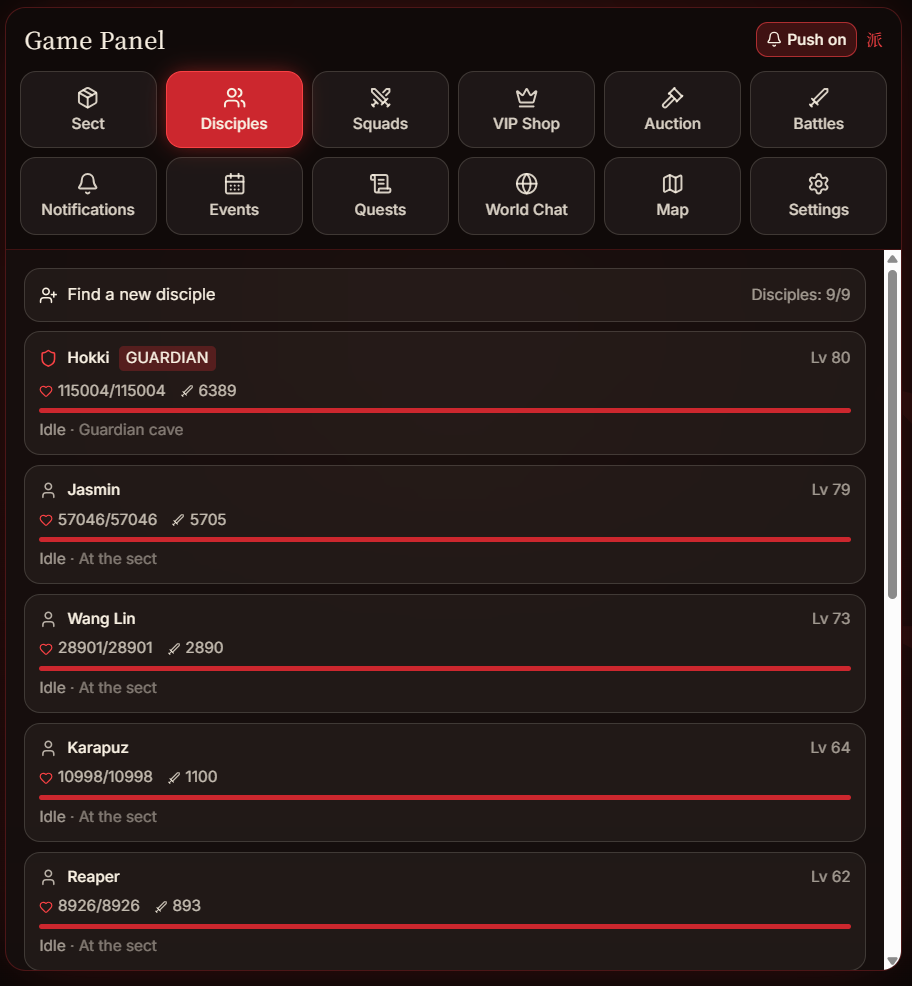 Sect disciples: levels, health and orders